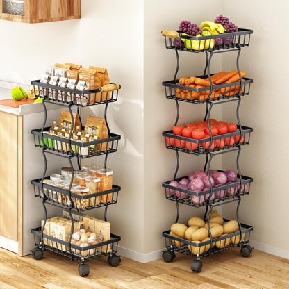 SAYZH Fruit Basket Kitchen Pantry Organizers and Storage - 4 Tier Stackable Metal Wire Basket Stand for Fruit Vegetable Snacks Jars Bins Containers Organization(Black, 4 Tiers)