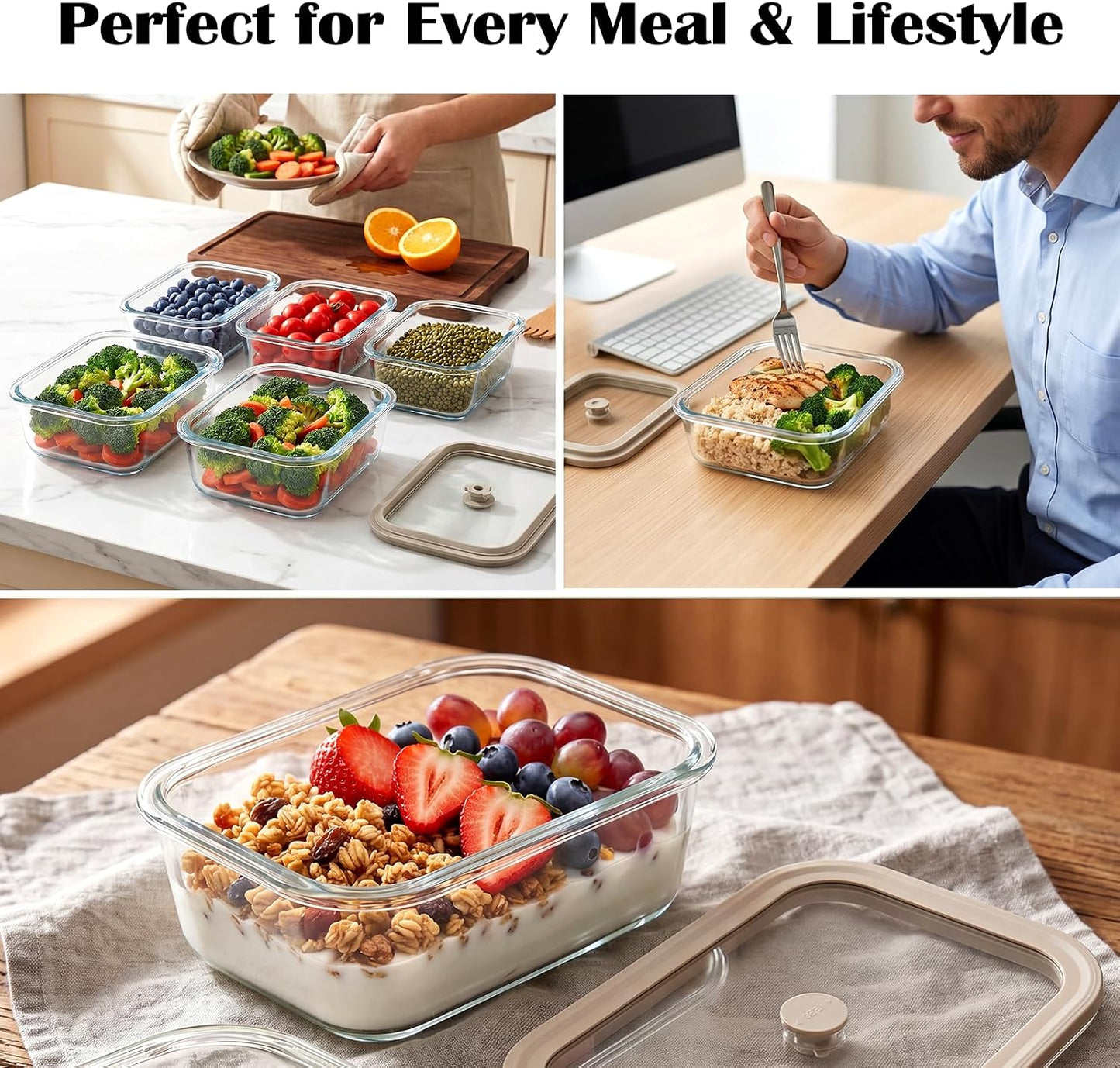 5 Pack 35 oz Glass Meal Prep Containers, Plastic-Free Glass Food Storage Containers with Lids, 4.4 Cups Airtight Glass Lunch Containers for Leftovers, Microwave, Oven, Freezer and Dishwasher