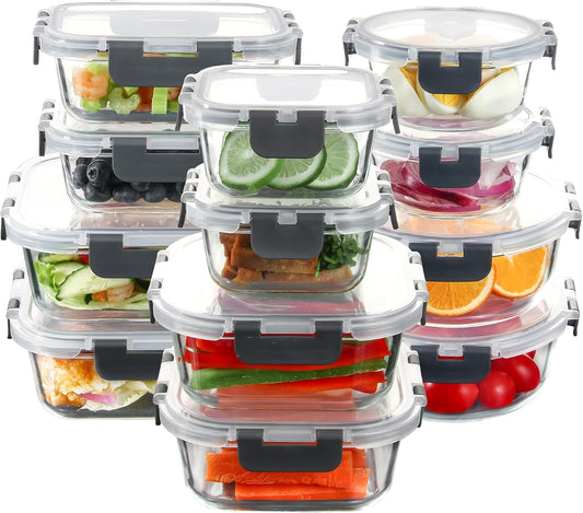 C CREST 12 Piece Meal Prep Glass Containers Set with Lids, Ideal for Food Storage and Freshness, Assorted Sizes and Shapes for Ultimate Organization