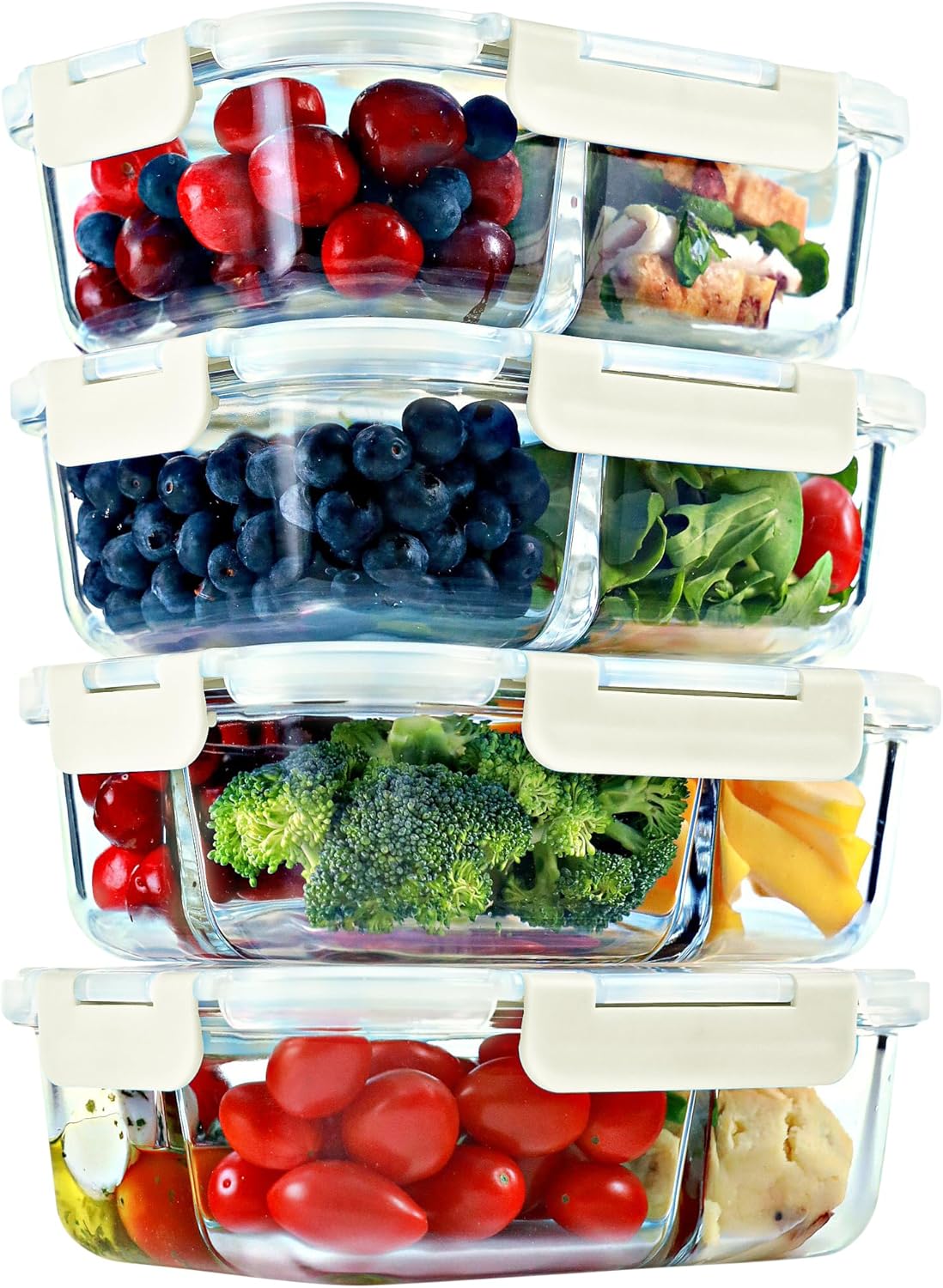 FIT Strong & Healthy 2 and 3 Compartment Glass Meal Prep Containers – Glass Bento Box for Adults, Portion Control, Food Storage, Lunch Container, Oven & Freezer Safe, Leak-Proof, 32 oz, Gray, 4 Pack