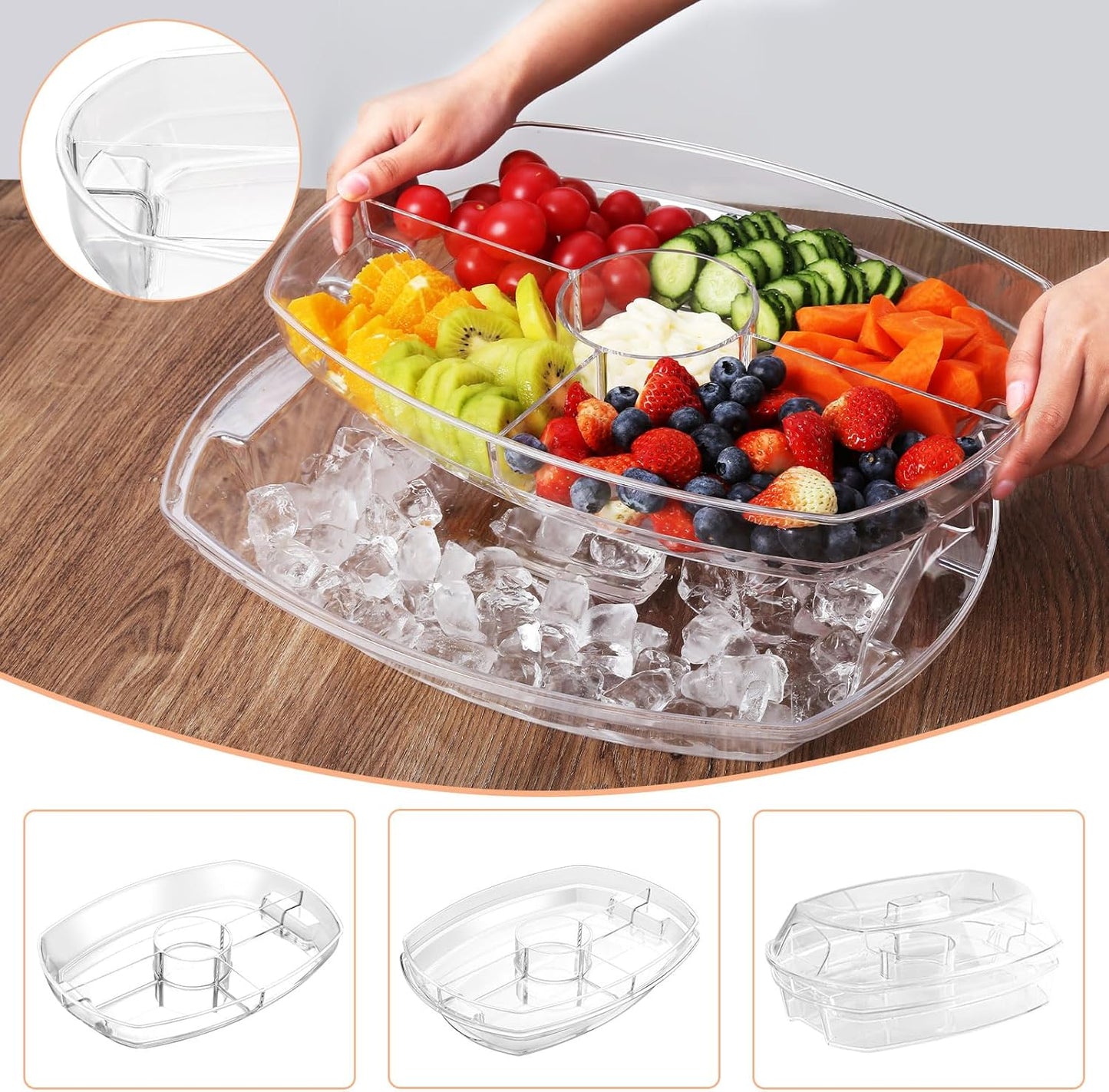 IVYHOME Chilled Condiment Server, Taco Bar Serving Set, Mimosa Bar Supplies, with 5 Lidded Containers and Detachable Ice Storage Layer, 2 Hanging Cups for Storing Tong or Forks