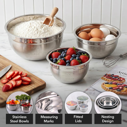 OVENTE Mixing Bowl Set with Lids, 3-Piece Stainless Steel Nesting Bowls for Easy Food Storage, Stackable Design, Kitchen Essential for Baking, Cooking and Prepping, Size 5, 3.5, 1.5QT, Silver BM46333S