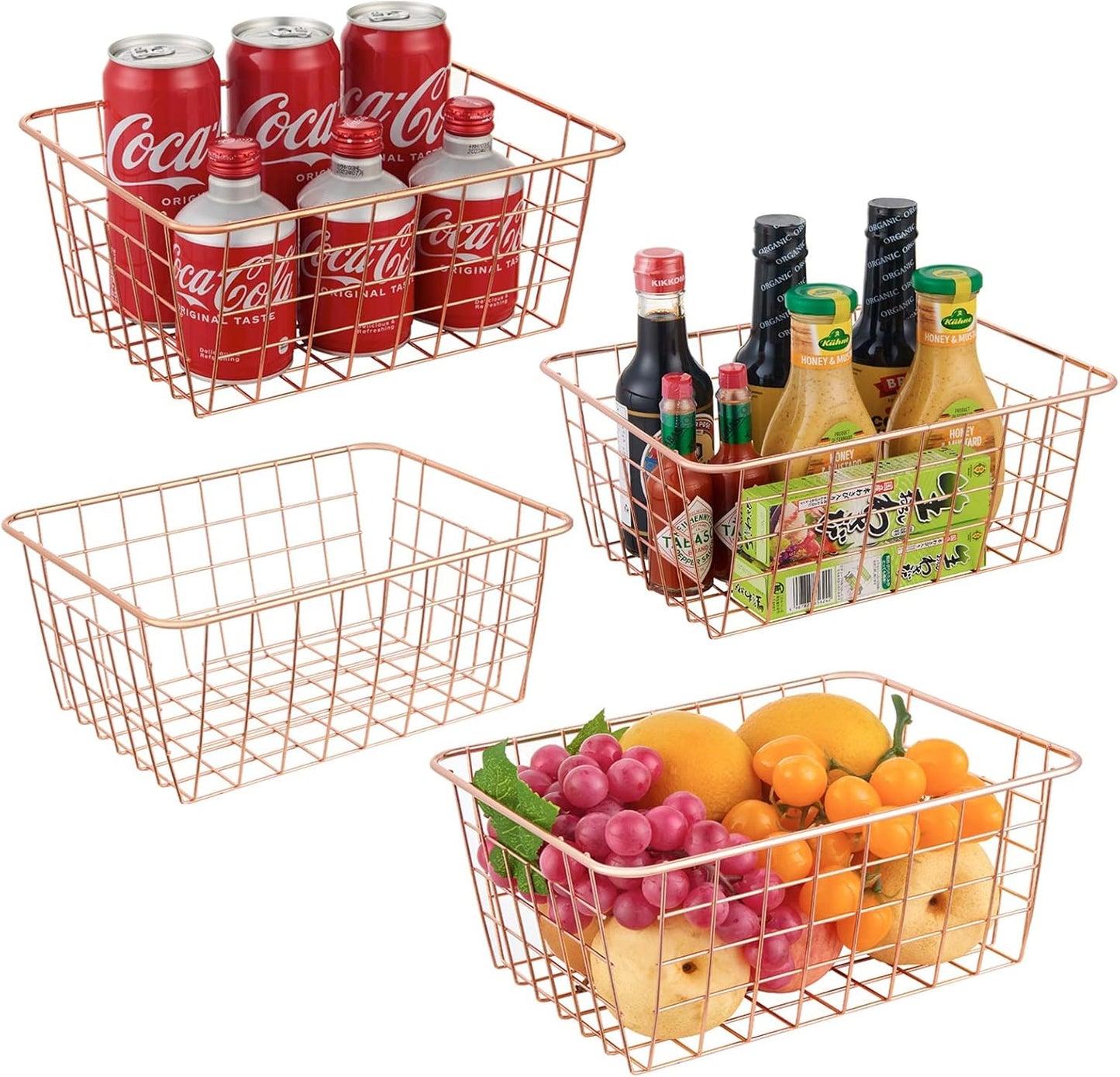 JUNCHU CHERRY Wire Kitchen Storage Basket 4 Packs,Perfect Pantry Organization Accessories Baskets,Laundry Basket,Countertop Organization,Suitable for Kitchen,Bathroom,Bedroom,Tabletop,Stackable,Chrome