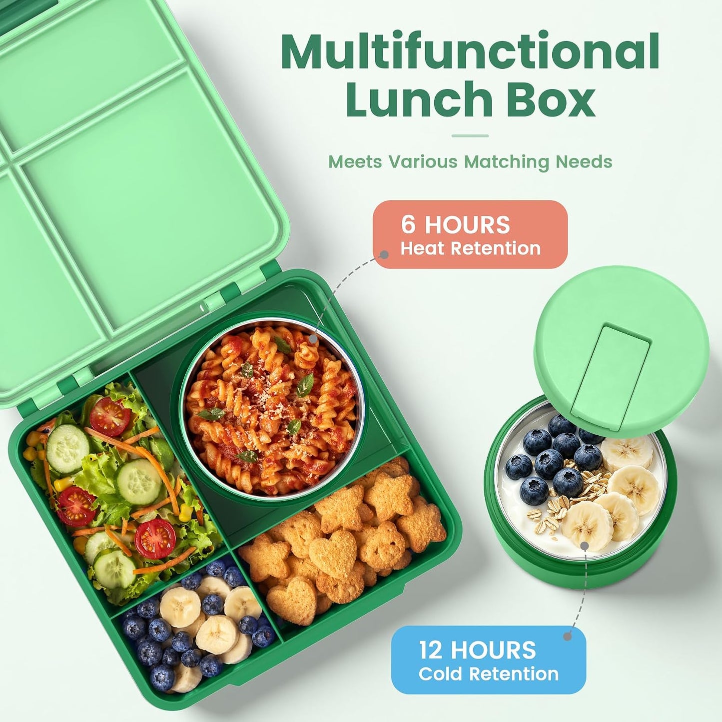 LOHASOK Bento Lunch Box Kids with 8oz Soup Thermo, Leak-Proof Lunch Containers with 4 Compartment, Thermo Hot Food Jar and Insulated Lunch Box for School Blue