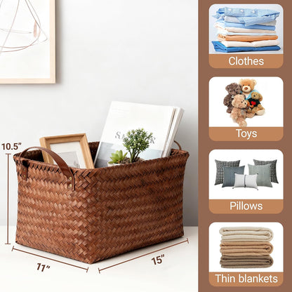 15L Laundry Baskets Waterproof Storage Baskets For Shelves Large Laundry Hamper With Leather Handle -set of 4 Cube Organizers Woven Bins for Bathroom,Bedroom,Pantry,Clothes,Car & Towels-Brown