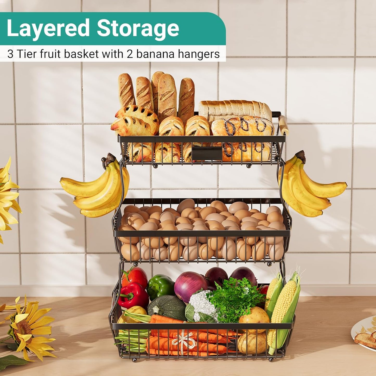 2 Tier Fruit Basket for Kitchen Counter with 2 Banana Hangers, Countertop Metal Bread Basket with Wooden Handle, Large Storage Stand for Vegetables, Snacks, Eggs, Produce Storage – Black
