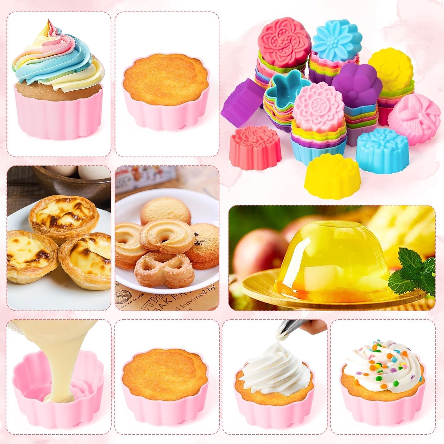 R HORSE Mini Silicone Cupcake Liners Molds - 60Pcs 2 Inch Muticolor Floral Shaped Baking Cups, Reusable Non-Stick Cupcake Wrappers Muffin Baking Liners for Oven Microwave Dishwasher Safe