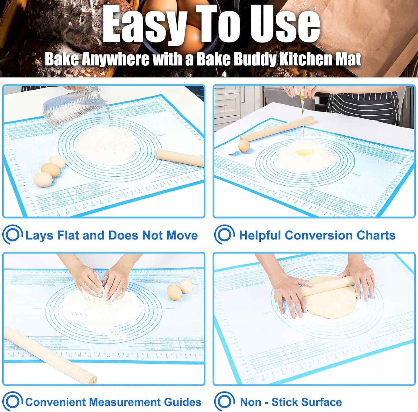 Non-slip Silicone Pastry Mat 36''By 24'' Nonstick Baking Mats Extra Large Counter Mat for Dough Rolling, Pastry, Pie Crust, Fondant, Cookies, Bread, Pasta, Pizza Mat