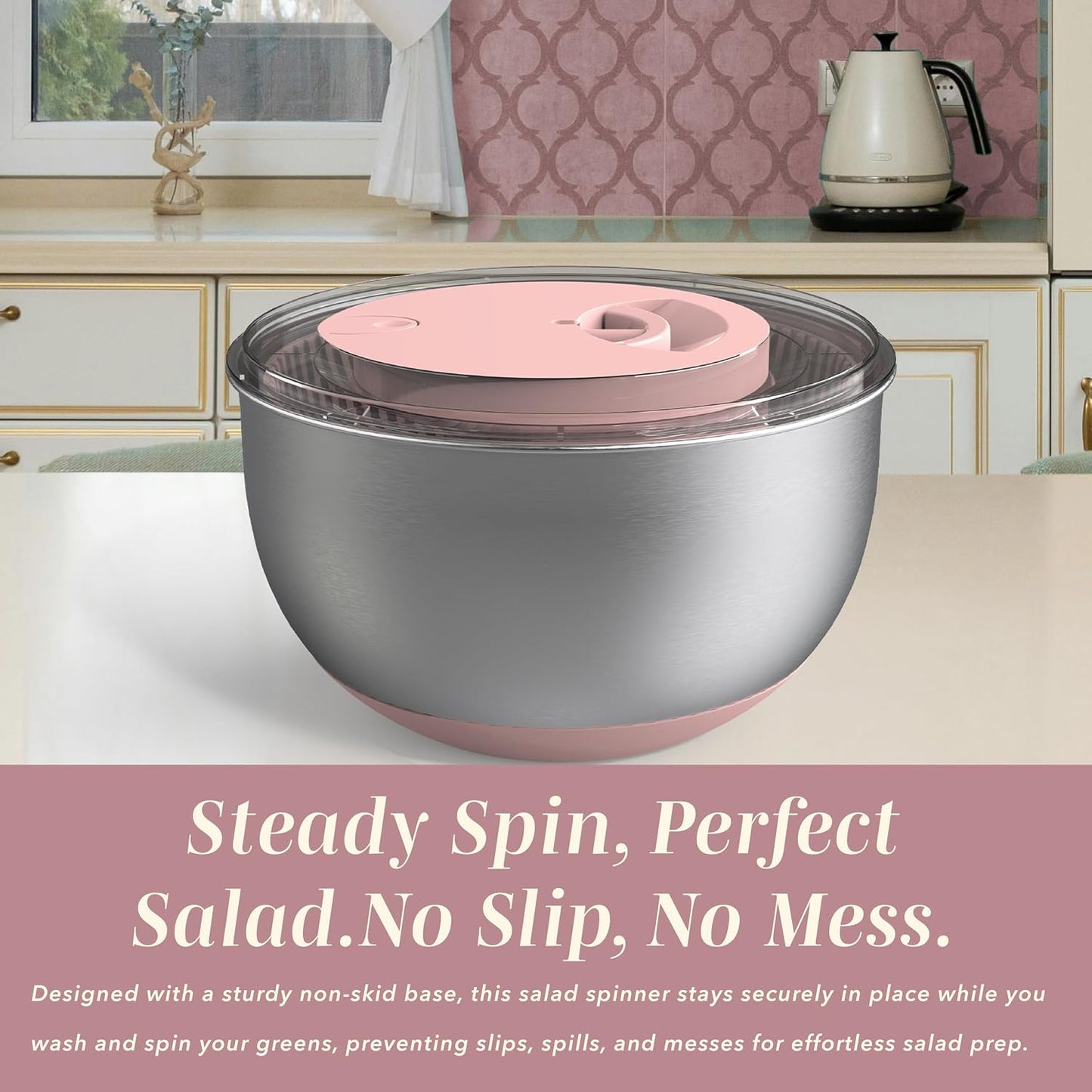 COOK WITH COLOR Stainless Steel Salad Spinner - 5 Qt. Lettuce Washer And Vegetable Spinner Dryer for Easy Salad Prep - Non Slip Base with Pull Handle - Auto Stop Brake System, Stain and Odor Resistant