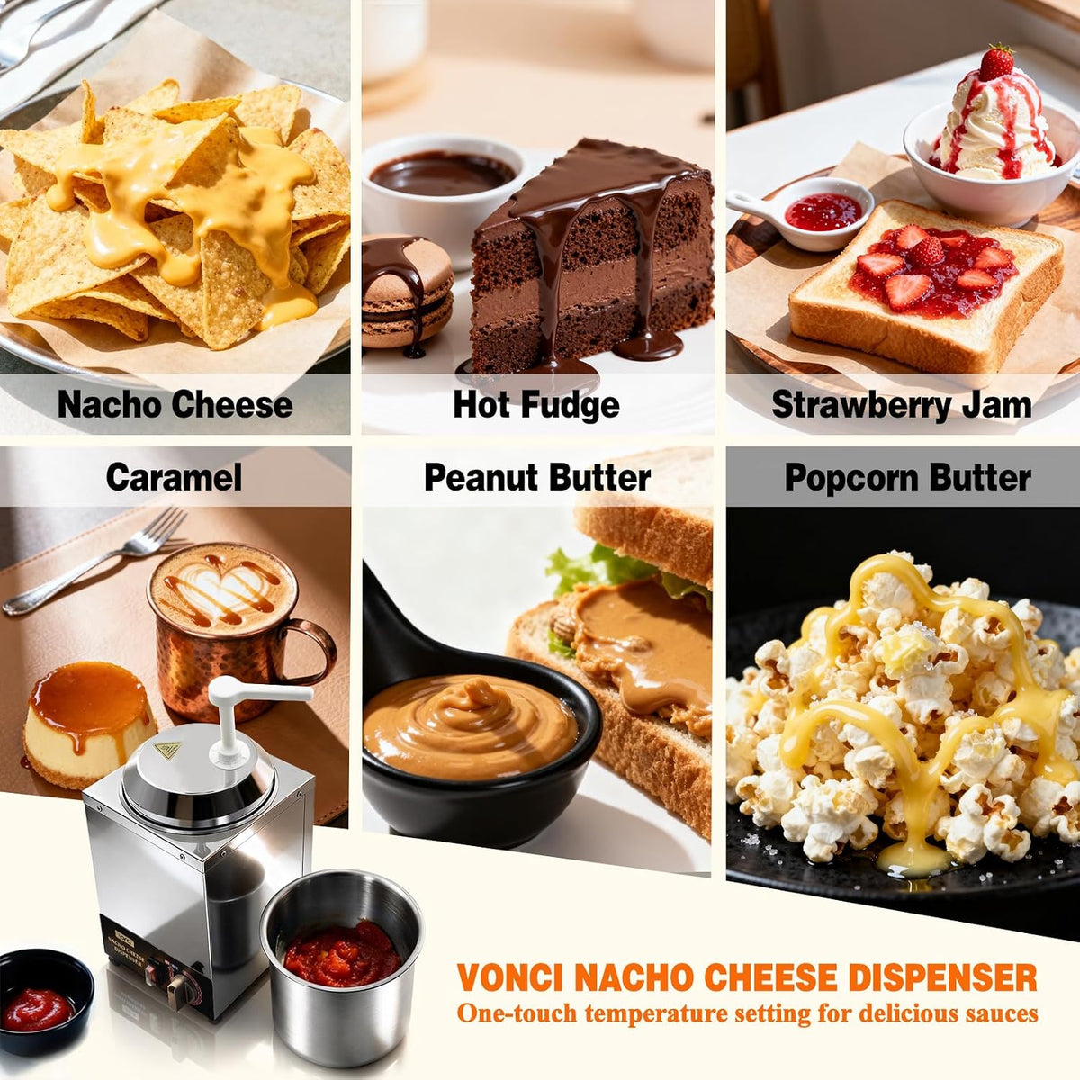 VONCI Nacho Cheese Dispenser, 2.8 Qt（2.5L） Nacho Cheese Warmer with Plastic Pump, Hot Fudge Dispenser with 6-Level Temperature Adjustment, Commercial Cheese Dispenser for Hot Fudge Cheese Caramel