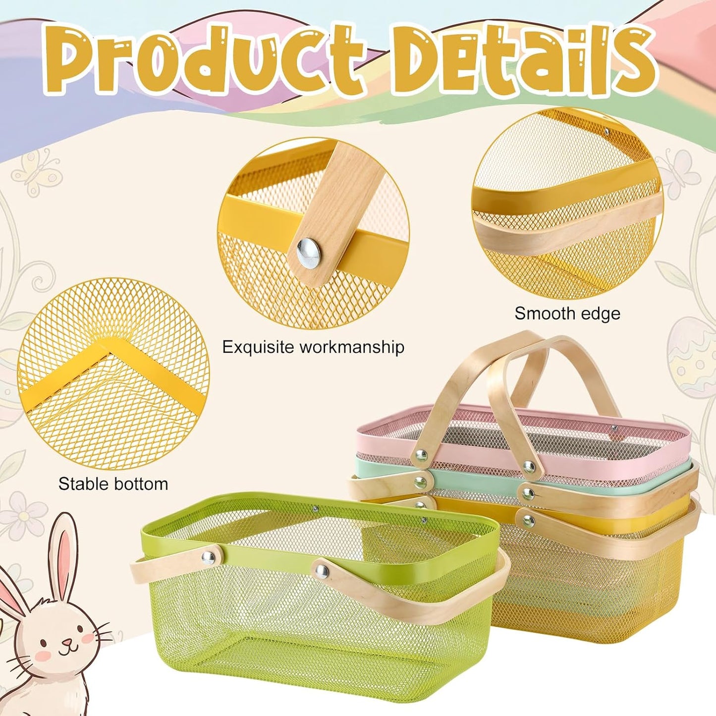 Sadnyy 4 Pcs Macaron Metal Wire Storage Basket with Handle Mesh Harvest Durable Vegetables Fruit Toy Basket for Garden Organizing, Kitchen, Countertop, Closet, Bedroom (16 x 9.8 x 7.1 Inch)