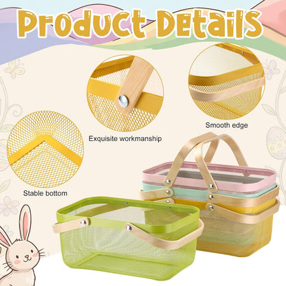 Sadnyy 4 Pcs Macaron Metal Wire Storage Basket with Handle Mesh Harvest Durable Vegetables Fruit Toy Basket for Garden Organizing, Kitchen, Countertop, Closet, Bedroom (16 x 9.8 x 7.1 Inch)