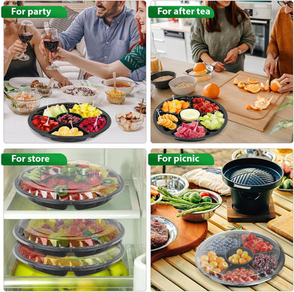 Plastic Appetizer Tray with Lid - Heavy Duty,Recyclable 12 in. Veggie Fruit Snacks Trays Disposable Food Storage Containers,10 Pcs Food Serving Platters for Party and Buffet with 100 Forks