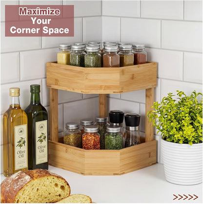 Yerliker 2 Tier Bamboo Corner Shelf Kitchen Fruit Cabinet Organizer Bamboo Corner Fruit Basket for Kitchen Countertop Rack Counter Pantry Storage for Vegetables Spice Plate (11 x 11 x 7.5 Inch)