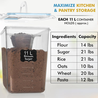 Shazo 2 PC (11L | 372 oz) Flour Sugar Storage Containers with Easy Carry Handle - Plastic Extra Large Food Storage Containers with Lids for Rice Cereal, BPA Free & Airtight Kitchen Pantry Organization