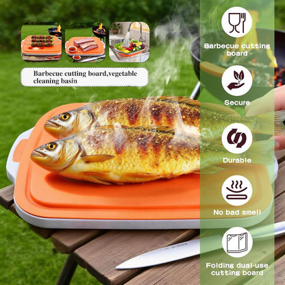 Collapsible BBQ Prep Tub with Lid & Cutting Board 16L - XL Meat Marinating Basin & Grill Carry System - 5pc Set with Heat Resistant Gloves, Basting Brush & Spatula (Black, Large, 16L)