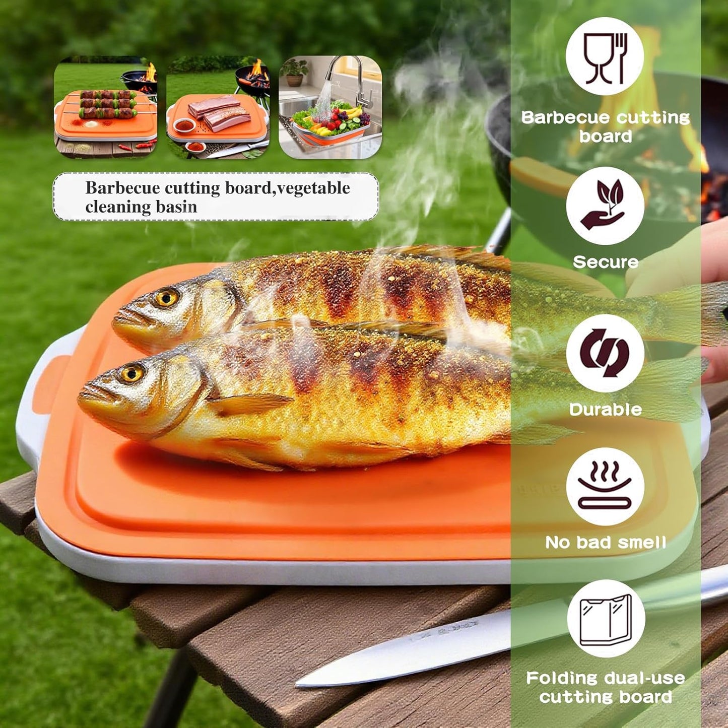Collapsible BBQ Prep Tub with Lid & Cutting Board 8L - Meat Marinating Basin & Grill Carry System - 5pc Set with Heat Resistant Gloves, Basting Brush & Spatula(Black, Large, 8L)