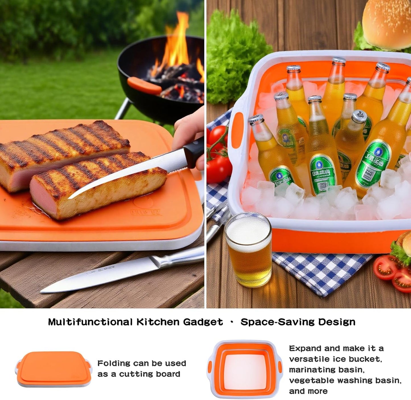 Collapsible BBQ Prep Tub with Lid & Cutting Board 8L - Meat Marinating Basin & Grill Carry System - 5pc Set with Heat Resistant Gloves, Basting Brush & Spatula(Black, Large, 8L)