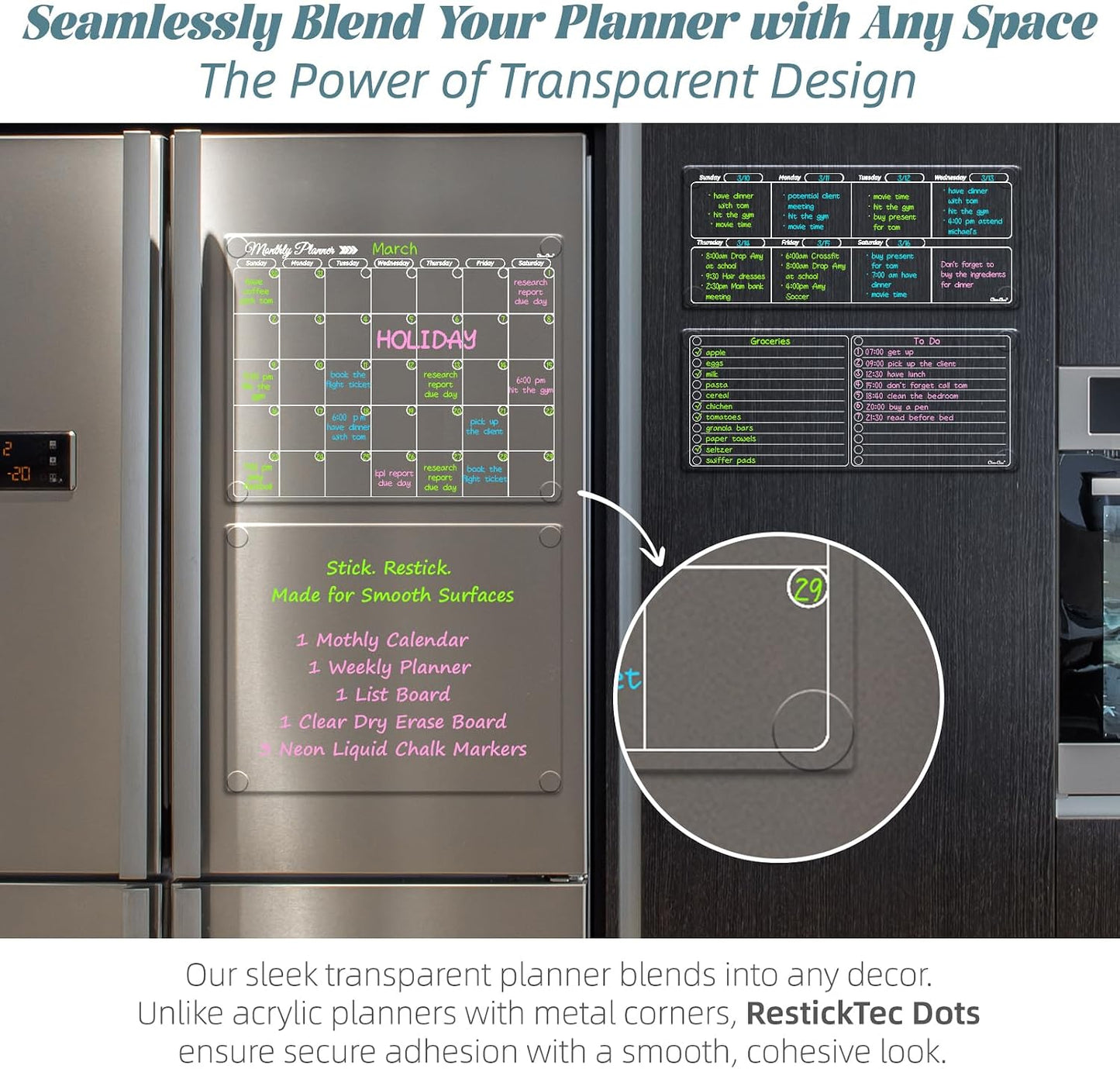 Clear Non-Magnetic Meal Planner Set for Fridge - Dry Erase Transparent Menu and List Board - Sticks to Wall, Glass, Door, Any Smooth Surfaces