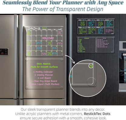 Clear Non-Magnetic Meal Planner Set for Fridge - Dry Erase Transparent Menu and List Board - Sticks to Wall, Glass, Door, Any Smooth Surfaces