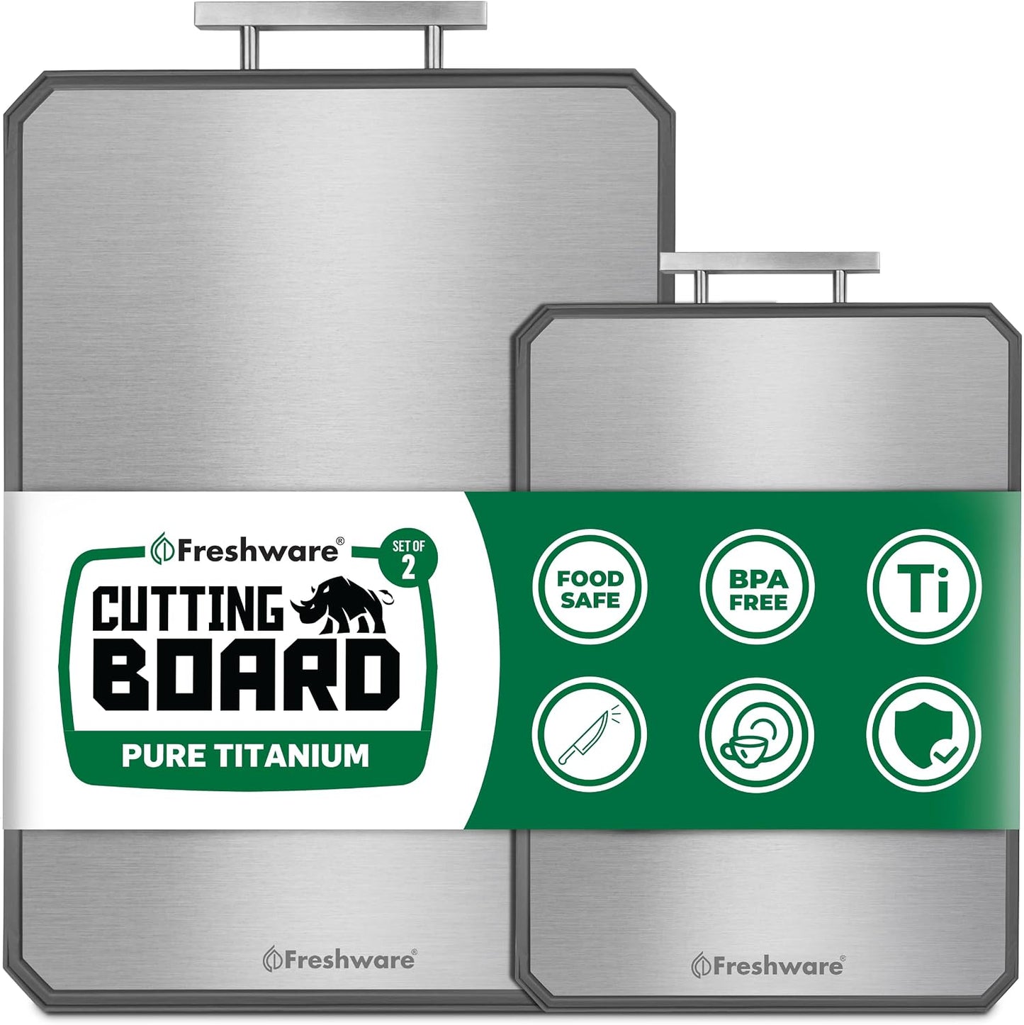 Freshware Titanium Cutting Board for Kitchen, Set of 2, Double Sided Cutting Boards, Pure Titanium/PP, Chopping Board with Juice Grooves, Dishwasher Safe, Medium 12.1" by 8.3" and Large 16.2" by 11"