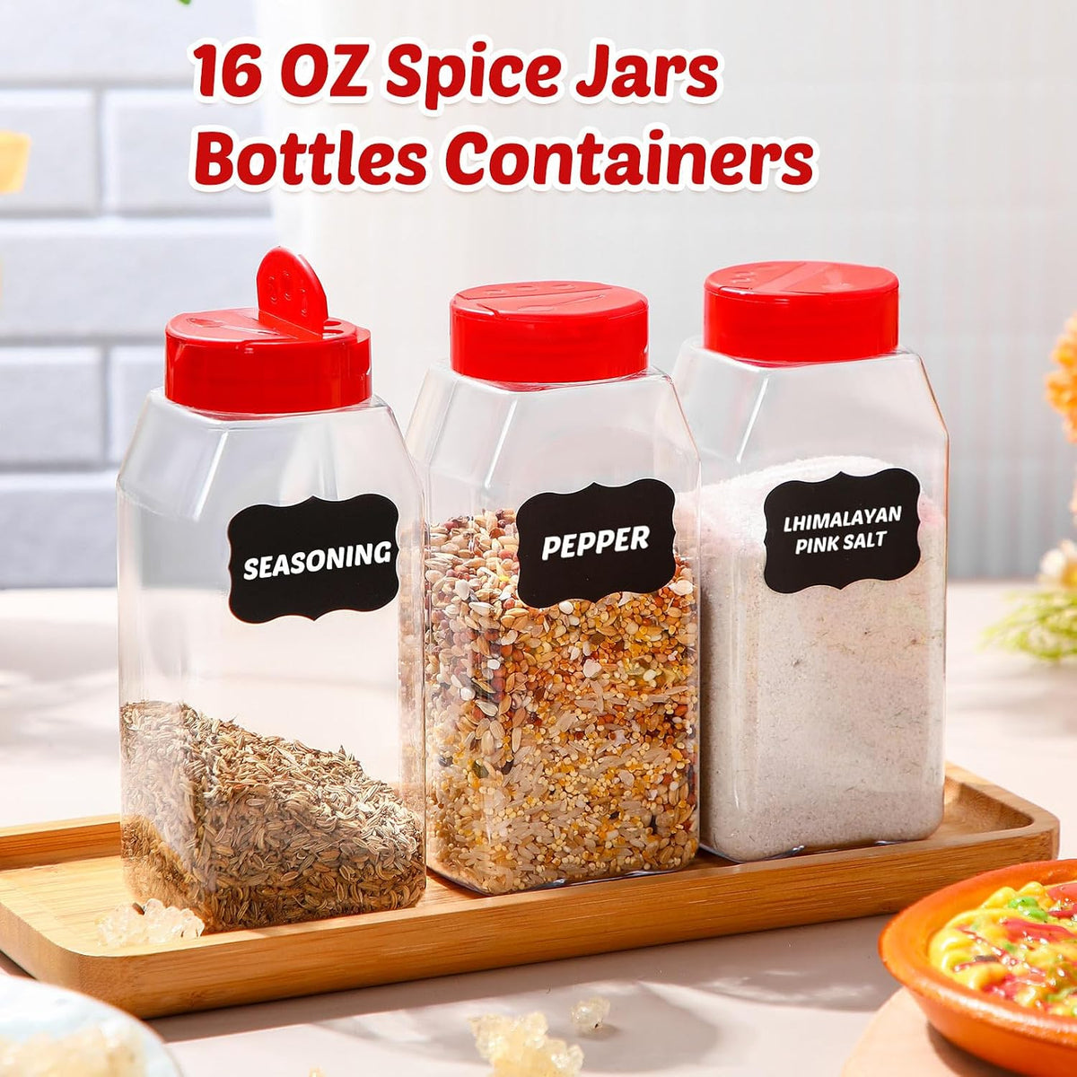 Mifoci 28 Pack 16 oz Black Plastic Spice Jars with Cap