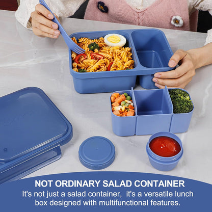 Caperci 2 Pack Salad Container for Lunch - 62 oz Large Bento Lunch Box for Adults, 2-Compartment Meal Prep Container with Removable Toppings Tray, Sauce Cup, Reusable Fork, BPA-Free (Purple & Green)