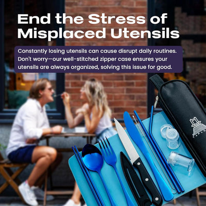 Taplord Portable Travel Silverware Set With Case, Includes 10 Pcs of Travel Utensils With Case, Stainless Steel Flatware Set For Camping, Lightweight (Multi-Color)