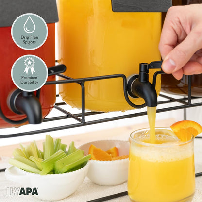 Ilyapa Glass Drink Dispensers for Parties with Stand - 2 Pack, 2 Gallon Double Beverage Dispenser with Wood Tops & Black Stainless Spigots