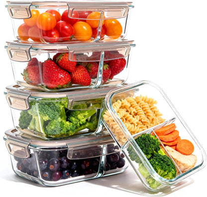 Glass Meal Prep Containers 5 Pack - Lunch Boxes with Leakproof Lids, Food Storage Containers, Bento Boxes, Gray (3 Compartment)