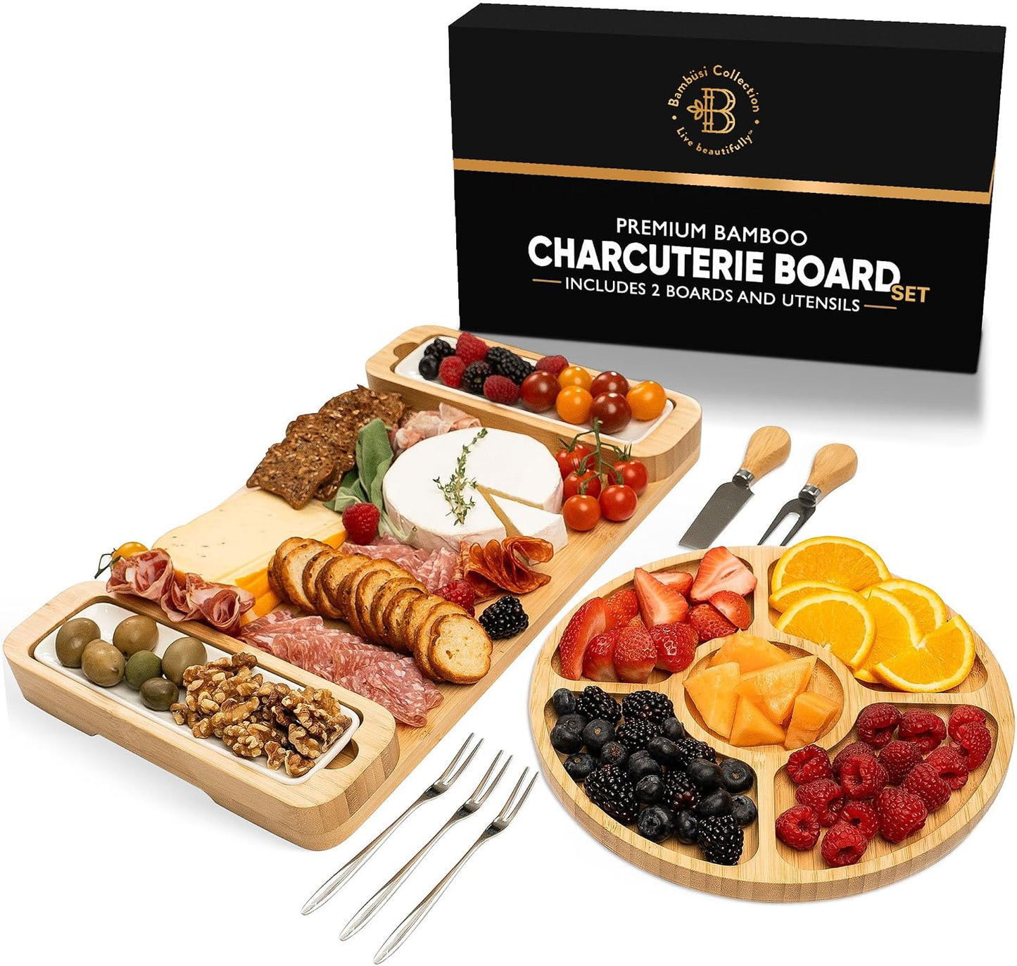 Bambüsi Charcuterie Boards - Large Bamboo Charcuterie Board Set with Knives Serving Accessories, Cheese Tray - House Warming Gifts New Home, Wedding Gift, Bridal Shower Gifts, Birthday Gifts Women Men