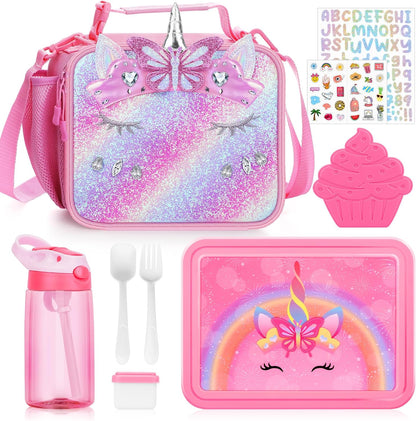 JYPS Lunch Box for Girls-Insulated Lunch Bag,Kids Bento Box with 6 Compartment,Water Bottle,Ice Pack,Salad Container,Perfect Lunch Container for Kids and Toddlers Back to School Age 7-15(Purple M)