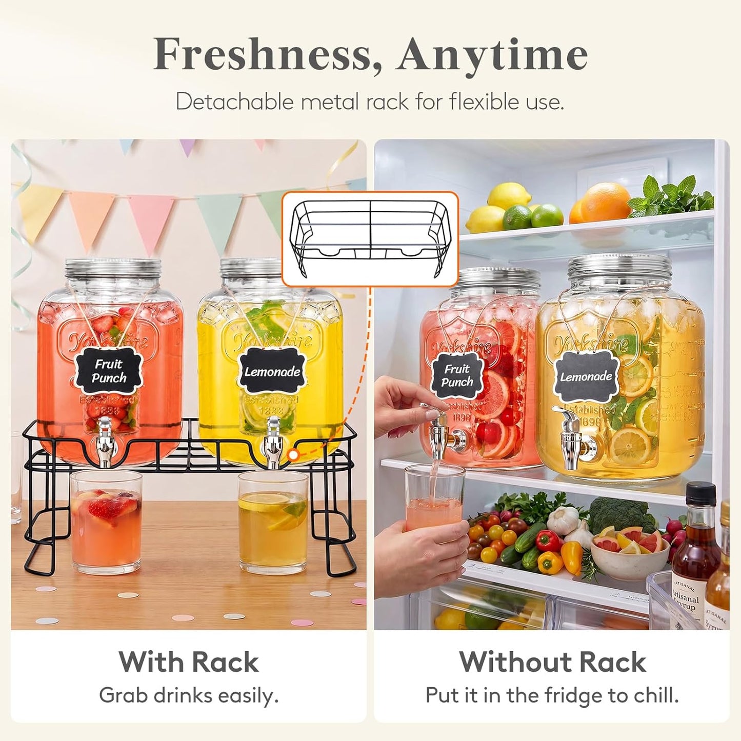 Lifewit 2 Gallon Glass Drink Dispenser for Parties, Beverage Container with Stand for Juice/Tea/Soda & Lemonade, Water Pitcher with Leakproof Spigot for Mimosa Bar, Birthday, Wedding Hosting, 2 Pcs