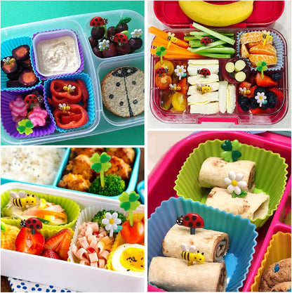 AIERSA Food Picks for Kids Bento Box, 16Pcs Reusable Bees, Daisy, Four Leaf Clover, Ladybug Food Fruit Picks, Lunch Bento Box Accessories for Kids