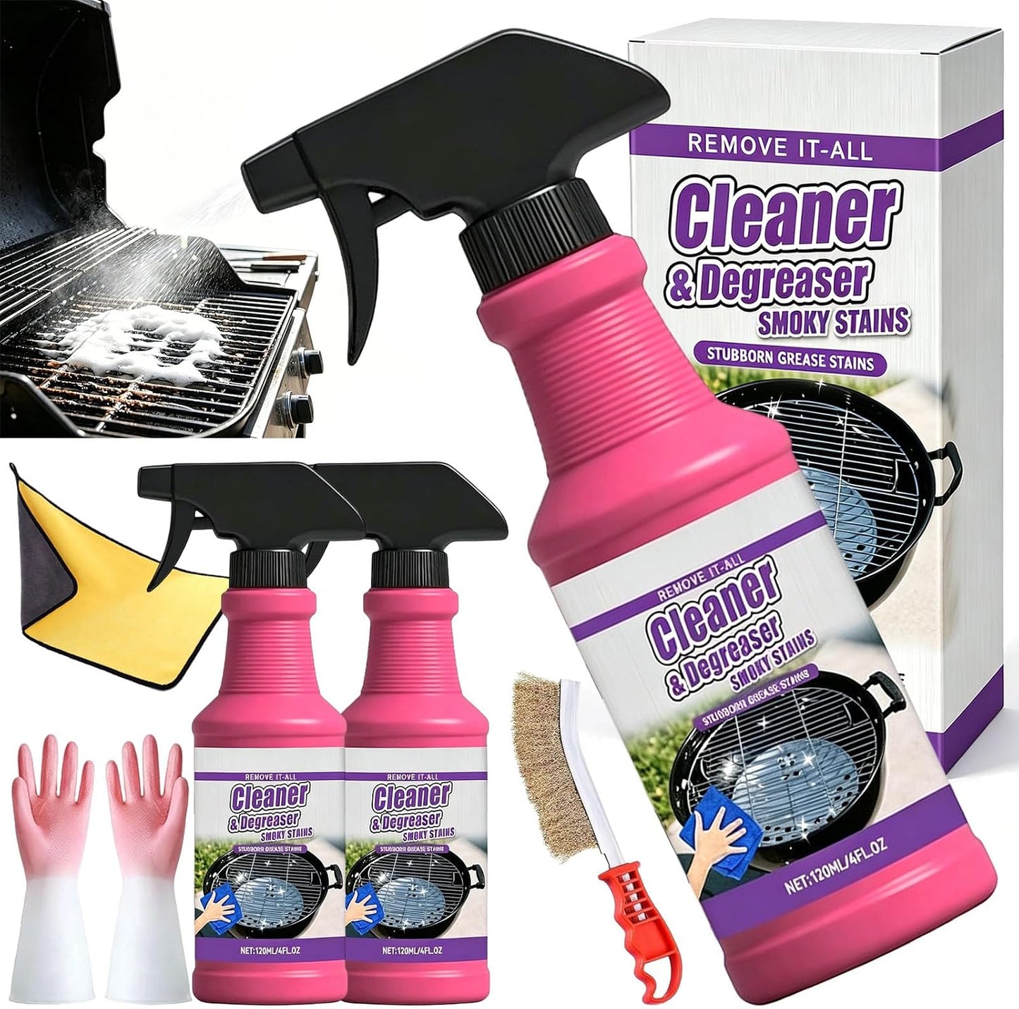 Fast-Acting Heavy-Duty Grill Degreaser Spray, No-stick BBQ Grill Cleaner Spray for Outdoor Grills, Heavy Duty Degreaser Cleaner for Grease, Oil, Burnt Food, Oven, Kitchen (2pc)
