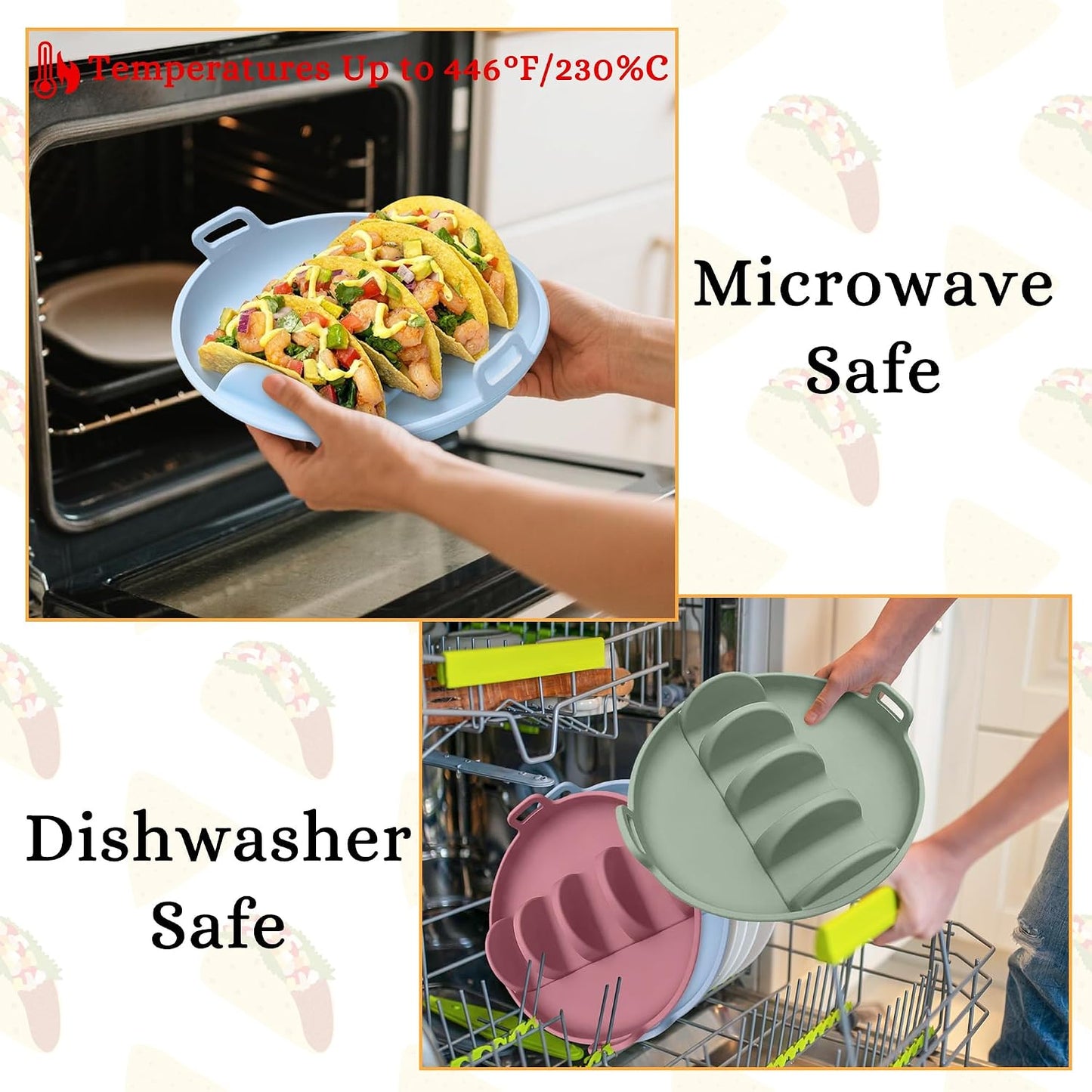 Silicone Taco Holders Plates - 3PCS Reusable Tacos Serving Tray Set with 4 Dividers, Dishwasher & Microwave Safe Shell Mold Tortilla Stand for Home Kitchen Fiesta Party Supplies (Green, Blue)