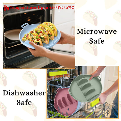 Silicone Taco Holders Plates - 3PCS Reusable Tacos Serving Tray Set with 4 Dividers, Dishwasher & Microwave Safe Shell Mold Tortilla Stand for Home Kitchen Fiesta Party Supplies (Green, Blue)