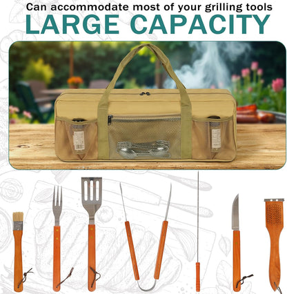 Grill Tool Storage Bag, Large Grill Utensil Storage Caddy with Pockets, BBQ Tools Storage Bag for Outdoor Camping(Brown)