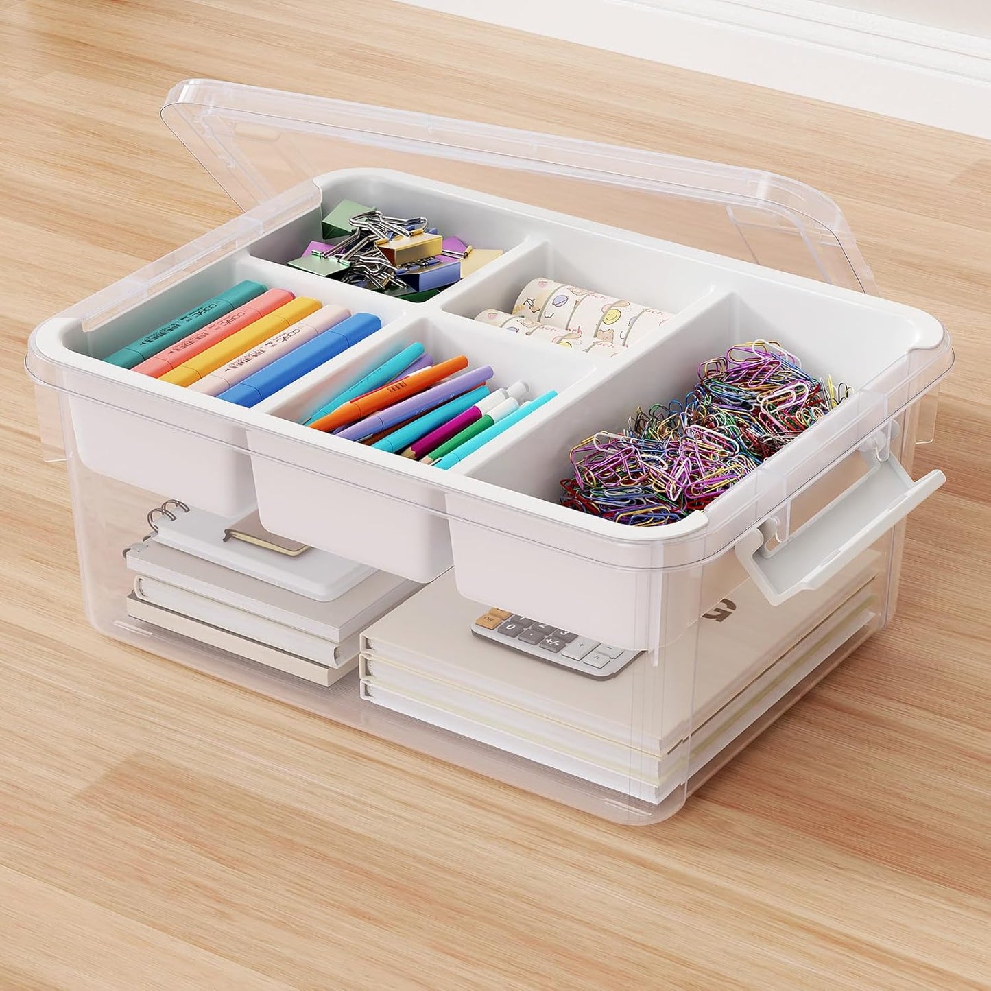 40Qt Stackable Storage Bins with Lids & Trays, Clear Plastic Latching Boxes Organizers with Dividers Portable 10Gal Containers for Arts & Crafts, Home and Car Trunk Organization, 2Pack