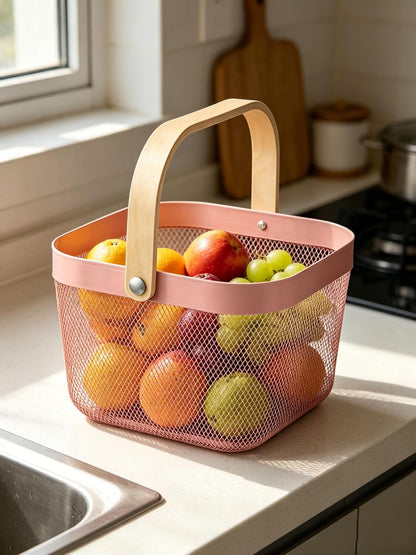 AJIODA Metal Mesh Steel Basket, Storage Organizer Basket Multi-functional Hanging Kitchen Baskets Fruit Basket Bin with Bamboo Handle for Kitchen Bathroom Picnic Shopping Decor Cabinet Home, Blue