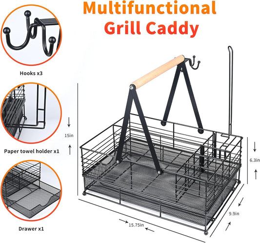 Grill Caddy with Paper Towel Holder and Plate Holder,Picnic BBQ Condiment Utensil Organizer Caddy for Camping, Rv, Camping Essential, Camper Must Haves, Grilling Gifts for Men
