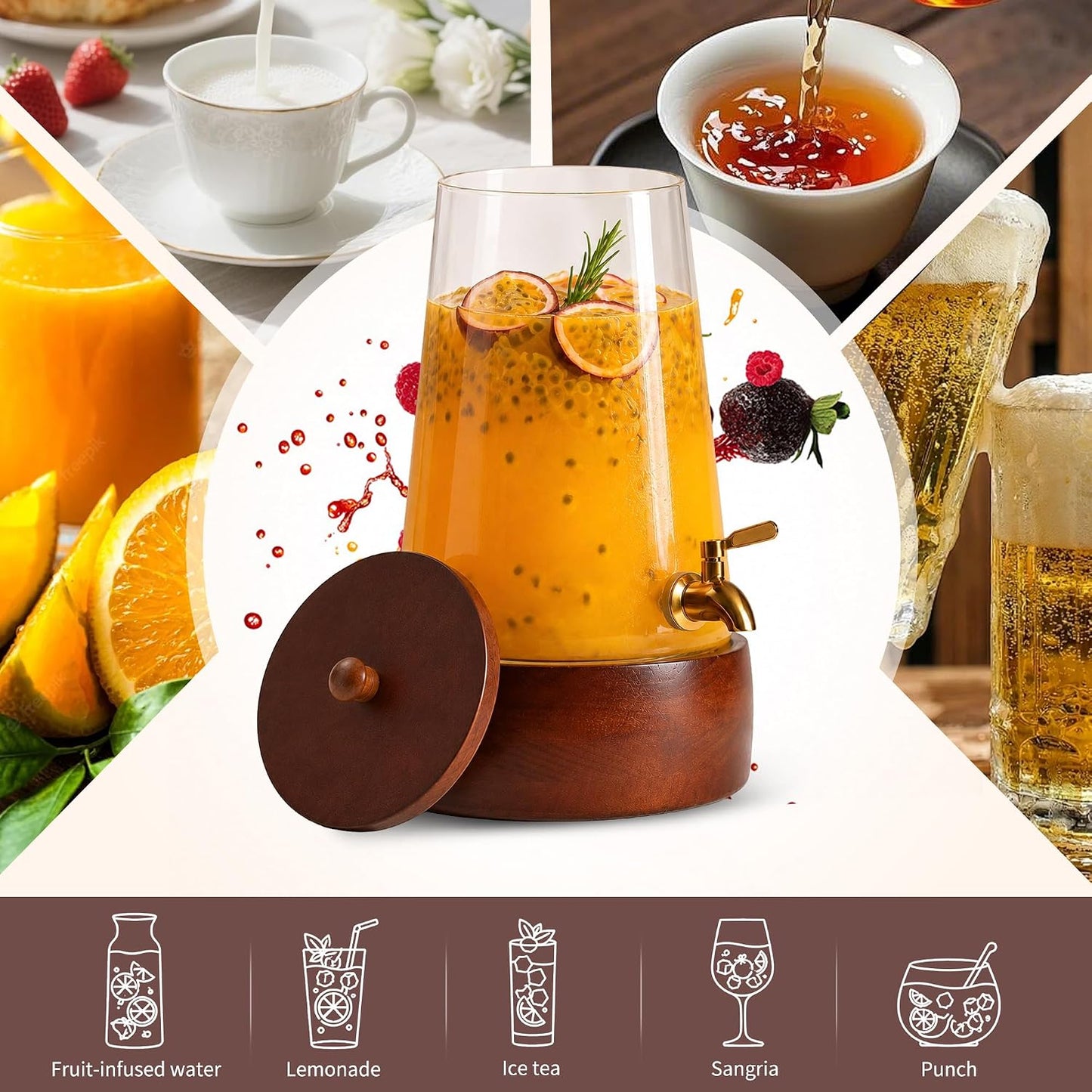 Glass Drink Dispenser with Spigot, 1.72 Gallon Beverage Dispenser for Parties, Acacia Wood Stand, Silicone Protection Mat & Cleaning Brush, Beverage Server for Lemonade, Juice, Iced Tea, Sangria