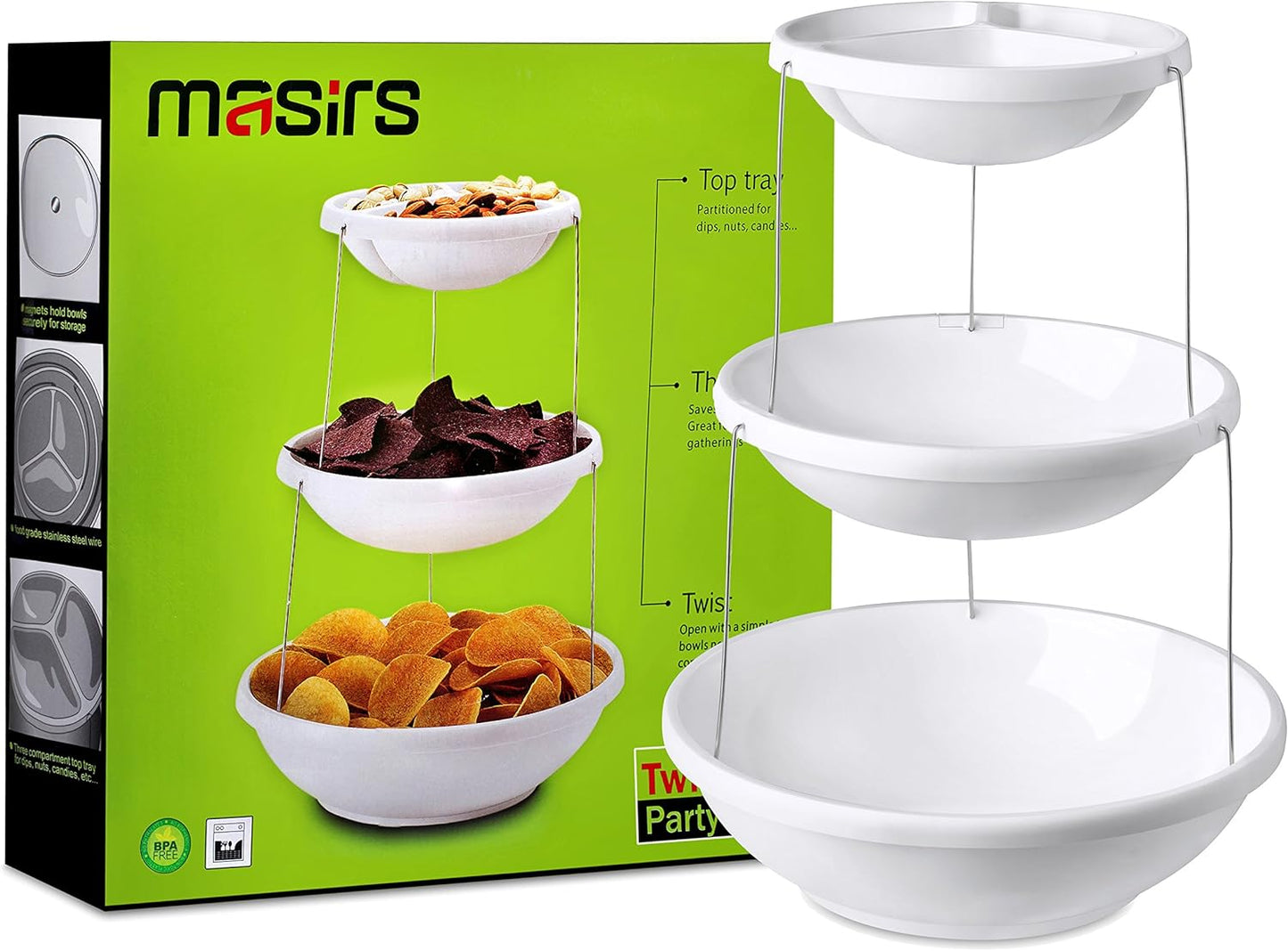 Masirs 3-Tier Collapsible Bowl: Decorative Design Folds for Minimal Storage. Ideal for Serving Snacks, Salad, and Fruit. Top Bowl Divided into Three Sections.