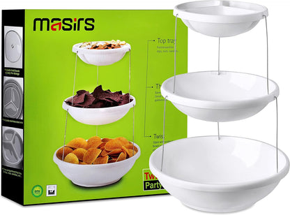 Masirs 3-Tier Collapsible Bowl: Decorative Design Folds for Minimal Storage. Ideal for Serving Snacks, Salad, and Fruit. Top Bowl Divided into Three Sections.
