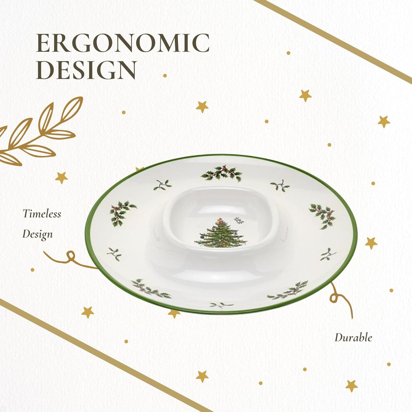 Spode Christmas Tree Melamine Chip and Dip | 14 Inch Serving Platter for Cheese, Appetizers, Chips, Salsa and more, Made of Melamine perfect for Hosting Indoors and Outdoors | Dishwasher safe
