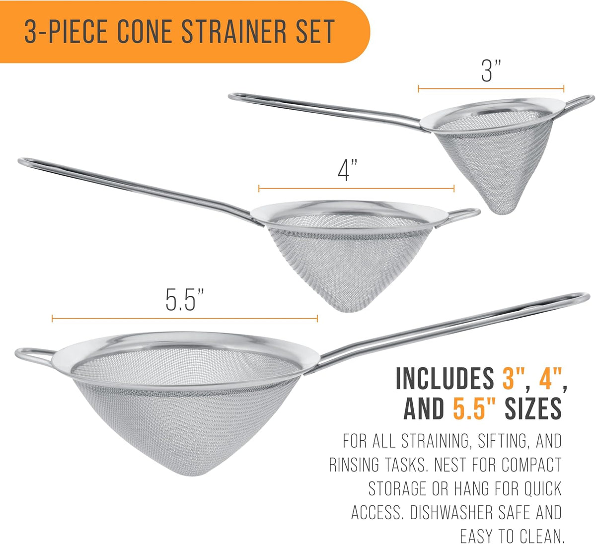 U.S. Kitchen Supply Set of 3 Stainless Steel Conical Strainers 3", 4", 5.5"