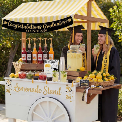 Jingmore 43 Pcs 2026 Graduation Freshly Lemonade Stand Complete Accessories Kit Lemon Bar Sign Class of 2026 Jar Drink Station Glass Beverage Dispenser Plastic Cup Jam Pump Head Party Decorations