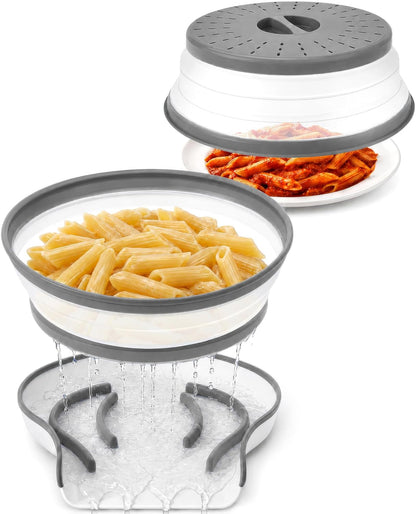 Gevoli Collapsible Microwave Splatter Cover with Strainer Draining Base (Gray)