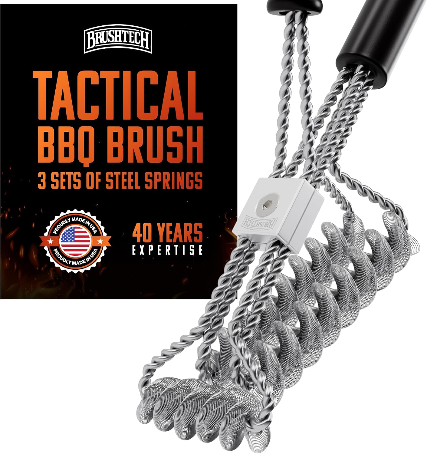 Brushtech Double Helix Grill Brush, 16″ Flat BBQ Grill Cleaner - Bristle‑Free Coil Springs Clean Tops & Sides - Stainless Steel, Long Reach Handle, Heavy‑Duty BBQ Tool for Gas & Charcoal Grates