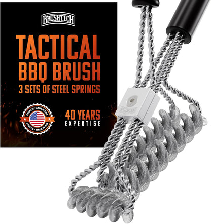 Brushtech Double Helix Grill Brush, 16″ Flat BBQ Grill Cleaner - Bristle‑Free Coil Springs Clean Tops & Sides - Stainless Steel, Long Reach Handle, Heavy‑Duty BBQ Tool for Gas & Charcoal Grates